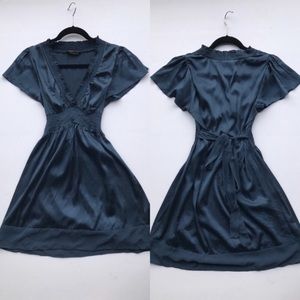 Bcbgmaxazria Silk Navy Blue Short Sleeve Tie Dress